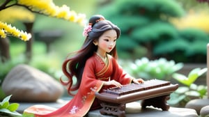 /create prompt: Macro tilt-shift photography, A miniature, An ancient Chinese woman in a flowing red dress with long, flowing hair sits on a stone bench in a palace garden, gently playing the guzheng. Her expression is focused and gentle. The garden is filled with blooming flowers and lush green trees, with a grand palace in
