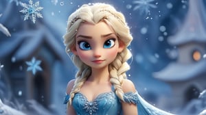 Elsa stands in a tilt-shift macro shot, fully visible. Her platinum blonde hair is intricately braided and adorned with shimmering snowflakes. Her ice-blue gown sparkles with crystal patterns, and her silver shoes glisten with frosty designs. She holds a softly glowing snowflake in her slender hands. Behind her, a magical icy landscape with crystalline structures and falling snowflakes enhances her ethereal presence.