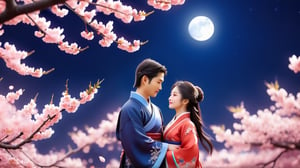 Macro tilt-shift photography, A miniature, The young couple in ancient Chinese attire, standing together under a blooming cherry blossom tree at night. Both wear deep blue hanfu with silver embroidery. The young man’s arm is gently wrapped around the young woman’s shoulder, and they both look up at the moon through the cherry blossoms. The petals of the cherry blossoms are softly illuminated by the moonlight, creating a romantic and timeless scene. Captured in intricate detail through macro photography.