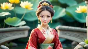 Macro tilt-shift photography, A miniature, An elegantly dressed noblewoman, approximately 18 years old, stands on a stone bridge in the palace garden. Her intricate silk robe in shades of red and gold flows down to her ankles, and her hair is styled in a traditional updo adorned with delicate jade hairpins. Her gaze is serene as she admires the blooming lotus flowers in the pond below. The detailed embroidery on her robe and the serene expression on her face are captured in intricate detail through macro photography. Super high quality, 8k. Negative prompt: blur, unclear, monochrome.