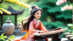 /create prompt: Macro tilt-shift photography, A miniature, An ancient Chinese woman in a flowing peach-red dress with long, flowing hair sits on a stone bench in a palace garden, gently playing the guzheng. Her expression is focused and gentle. The garden is filled with blooming flowers and lush green trees, with a grand palace in the background. Morning sunlight filters through the leaves, softly illuminating her. captured in intricate detail through macro photography. super high quality, 8k, negative prompt: blur, unclear, modern elements. -camera zoom in -fps 24 -gs 16 -motion 2 -style: HD movie -ar 16:9 seed:1234567899
