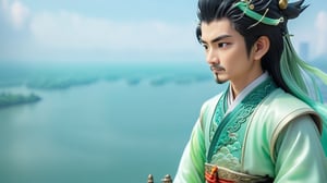 Macro tilt-shift photography, A miniature, A young man in ancient Chinese attire stands on a tall tower, gazing at the horizon where the water meets the sky. He wears a light green hanfu, his hair flowing in the wind. The vast expanse of water and the distant sky are captured in intricate detail through macro photography.