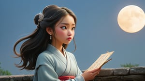  On an ancient stone bridge, a Han dynasty girl, dressed in a plain long robe, with long hair and a silver hairpin, stands at the bridge's edge, gazing at the bright moon in the sky. She holds a letter full of longing words, with tears glistening in her eyes, filled with deep yearning for her distant lover.
   - Keywords: longing, plain long robe, silver hairpin, letter, tears, Han dynasty girl
