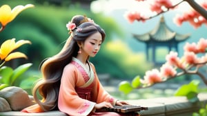 /create prompt: Macro tilt-shift photography, A miniature, An ancient Chinese woman in a flowing peach-red dress with long, flowing hair sits on a stone bench in a palace garden, gently playing the guzheng. Her expression is focused and gentle. The garden is filled with blooming flowers and lush green trees, with a grand palace in the background. Morning sunlight filters through the leaves, softly illuminating her. captured in intricate detail through macro photography. super high quality, 8k, negative prompt: blur, unclear, modern elements. -camera zoom in -fps 24 -gs 16 -motion 2 -style: HD movie -ar 16:9 seed:1234567899
