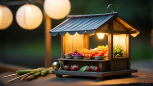 /create prompt:A miniature food stall under a tiny lantern, showcasing glossy miniature skewers and vegetables. Warm light radiates from the lantern, creating a soft glow. Captured in a macro shot, emphasizing the lantern's intricate details with a tilt-shift effect. -neg opposite of a large and detailed background -camera zoom in -fps 24 -gs 16 -motion 1 -Consistency with the text: 22 -style: HD movies -ar 16:9
