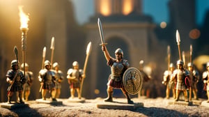 /create prompt:Miniature Roman soldiers celebrating victory in front of a giant Roman trophy. The trophy is engraved with the Roman legion's emblem and gleams with golden light. Soldiers hold tiny weapons, raising victory banners around the trophy. Captured in a macro shot, highlighting the trophy's details and the celebration, with a tilt-shift effect to blur the Roman city in the background. -camera pan right -fps 24 -gs 16 -motion 1 -Consistency with the text: 22 -style: HD movies -ar 16:9
