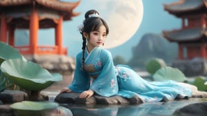 A Chinese girl is wearing a blue Hanfu dress, and her figure is vaguely visible. China is ancient. Moon, pavilion, lotus and pond. Several koi fish, fairies