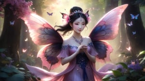 A whimsical scene unfolds in a lush forest, where a serene ancient Chinese girl stands amidst a tapestry of verdant trees and vibrant wildflowers. Her ethereal pink Han Dynasty dress glows softly under the warm sunlight, as a pair of dazzling butterfly wings - adorned with glittering scales - hover gently around her, their delicate features shimmering like stardust. A mesmerizing swarm of small butterflies flit about, their iridescent wings reflecting hues of sapphire and amethyst, while a few stray flowers bloom at her feet, as if trying to match the magic unfolding above.