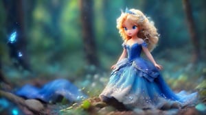 /create prompt:In a magical forest, a 12-year-old girl with cascading blond curls stands in a tilt-shift macro shot. Her entire body is captured, from her head adorned with a tiny crystal tiara reflecting light, to her finely detailed hands delicately holding a glowing lotus emitting a soft blue light. She wears a shimmering sapphire-blue gown adorned with silver embroidery and tiny, sparkling crystals. The gown features a sweetheart neckline, intricate lace patterns on the bodice and sleeves, and a flowing skirt pooling gracefully around her silver slippers, which are also adorned with tiny crystals. Her fair skin with a subtle golden glow complements her deep blue eyes that reflect light. In the blurred background, oversized dew-covered flowers and vibrant butterflies create a magical microcosm. -neg ordinary forest scene -camera pan left -fps 24 -gs 16 -motion 1 -Consistency with the text: 22 -style: HD movies -ar 16:9
