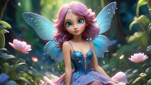 Amidst a dense forest, a delicate fairy stumbles upon a hidden garden, blooming with vibrant, magical flowers. The fairy, standing only a few inches tall, has translucent wings that shimmer with a faint blue glow. Her hair, a cascade of silver strands, frames her tiny face, with bright emerald eyes reflecting wonder. She wears a dress made of petals, hues of pink and lavender flowing as she moves. The garden is a burst of color with oversized flowers and glowing plants. In the center, a sparkling fountain gently bubbles. The fairy's fingers lightly graze a glowing petal, her expression a mix of awe and curiosity as she explores this enchanting sanctuary.