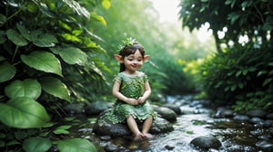 Macro photography scene, The tiny elf sitting on a rock beside the brook, dipping her feet in the water. Her expression is one of joy and relaxation. The details of her dress, made of intricate leaves and petals, are clearly visible. The brook is filled with small fish and surrounded by lush greenery. Using macro photography and tilt-shift photography, captured in intricate detail through macro photography. super high quality, 8k. Negative prompt: blur, unclear, low resolution, monochrome.