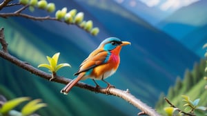 Macro tilt-shift photography, A miniature, A bird perched on a branch in the mountains, singing joyfully as the wind gently sways the branch. The bird has vibrant feathers and a curious expression, and the surrounding foliage is lush and green. The background shows a glimpse of the mountains and the sky, capturing the harmonious connection between the bird and its natural environment. Super high quality, 8k. Negative prompt: blur, noisy, empty.