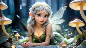 Macro photography scene, capturing the intricate details of a forest fairy's attire. The fairy, a young female with delicate features and sparkling eyes, stands amidst a bed of luminous mushrooms. Her attire, woven with threads of silver and gold, glimmers under the soft moonlight filtering through the canopy above. Tiny dewdrops cling to the embroidered patterns, reflecting the magical glow of her surroundings.
