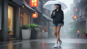 A young Taiwanese girl with a slender physique stands alone on a drizzly city street, her slender figure and white shoes standing out against the gray backdrop. The rain creates a misty veil around her, accentuating her petite frame as she gazes down at the wet pavement.