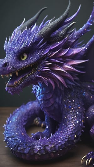 A majestic, serpentine dragon with a long, sinuous body covered in shimmering black scales. It has four clawed limbs and massive, bat-like wings. Its eyes glow with an eerie, violet luminescence, and its jaws are filled with rows of sharp, jagged teeth. Focus on the intricate details of the dragon's scales, claws, wings, and piercing gaze.