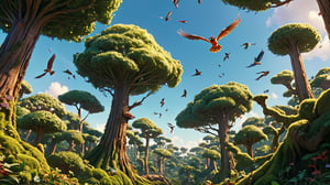 disney, A vast magical forest with birds flying among the treetops, captured in a wide shot.