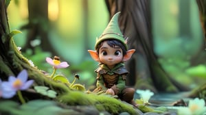 The macro lens captures a miniature human scene. The elves, dressed in earthy tones, stand tall amidst ancient trees, their silhouettes blending with the dense forest under the soft glow of dawn. Bees hover around blooming flowers, creating a serene atmosphere. The camera pans down to capture a babbling brook, reflecting the morning sky, captured in intricate detail through macro photography. super high quality, 8k.
