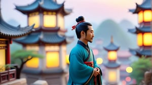 Macro tilt-shift photography, A miniature, A dreamy scene of an ancient Chinese city at dawn, with tall pagodas and bustling streets. A middle-aged man, approximately 35 years old, in elaborate traditional clothing, walks through the streets, reminiscing about past memories. His expression is serene, filled with nostalgia. Super high quality, 8k. Negative prompt: blur, unclear, modern.