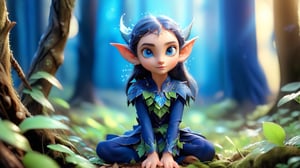 In the early morning light of the forest, dew-kissed leaves shimmer with a gentle radiance. A young elf, with pointed ears and deep blue eyes, stands in a mid-shot view, capturing their form from the knees up. Their attire, woven from shimmering silk and adorned with intricate floral patterns, blends seamlessly with the natural surroundings. The elf's expression is serene, reflecting the tranquility of the dawn. Soft sunlight filters through the canopy above, casting delicate patterns on the forest floor.