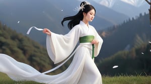 In the deep valley of the Tang Dynasty, Dou E strides briskly, clad in a plain white silk Hanfu with a white silk ribbon adorning her head and green shoes embroidered with golden threads. Snowflakes flutter down, landing on her black hair, accentuating her pale complexion. Far-off mountains rise majestically, shrouded in white snow, forming a magnificent backdrop while surrounding trees sway in the wind. Keywords: Cold