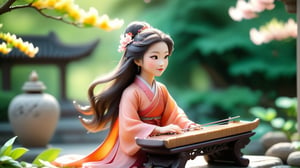 /create prompt: Macro tilt-shift photography, A miniature, An ancient Chinese woman in a flowing peach-red dress with long, flowing hair sits on a stone bench in a palace garden, gently playing the guzheng. Her expression is focused and gentle. The garden is filled with blooming flowers and lush green trees, with a grand palace in the background. Morning sunlight filters through the leaves, softly illuminating her. captured in intricate detail through macro photography. super high quality, 8k, negative prompt: blur, unclear, modern elements. -camera pan left -fps 24 -gs 16 -motion 2 -style: HD movie -ar 16:9 seed:1234567899
