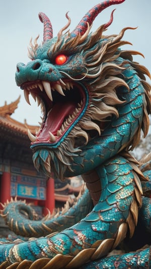 A massive nine-headed serpent demon in ancient Chinese style, each of the nine heads bearing sharp fangs and crimson red eyes. Its long, sinuous body is covered in glowing iridescent scales. Focus on the intricate scale textures, razor-sharp fangs, and the piercing gaze of the nine crimson eyes.