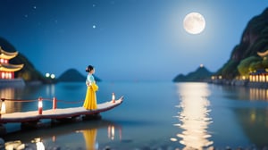 Macro tilt-shift photography, A miniature, A tranquil scene of a vast river merging seamlessly with the sea under the light of a full moon. A young woman, approximately 20 years old, stands on the riverbank in traditional Chinese attire, gazing at the moonlit water. The gentle waves and the serene reflection of the moon create a harmonious and peaceful atmosphere. Super high quality, 8k. Negative prompt: blur, unclear, modern.