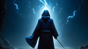 The protagonist enters a vast and mysterious abyss of the mind, with deep echoes resonating around. Abstract shapes and memory images float in the abyss, like an endless sea of thoughts. The protagonist wears a dark blue robe, holds a glowing staff, and has eyes shining with curiosity.