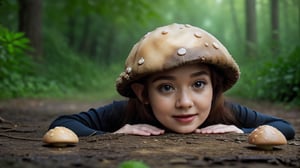 Macro photography scene. The same tiny elf now kneels beside a glowing mushroom, her delicate hands gently touching its cap. Her green dress shimmers in the soft light, and her auburn hair falls gracefully around her face. Her eyes are wide with wonder and concentration as she inspects the mushroom closely. The forest background is blurred, focusing on the elf and the mushroom. The camera captures this from a close-up, using macro and tilt-shift photography to emphasize the intricate details of her clothing, the mushroom's texture, and her expressions. Super high quality, 8k.,better_hands,Masterpiece,dragon