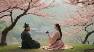 a serene cherry blossom forest in spring, with a couple seated beneath the trees admiring the blossoms, in ancient China's Song Dynasty 