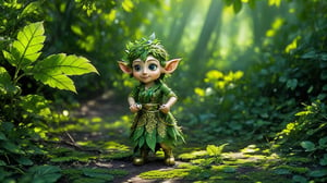 Macro photography scene. A tiny elf with delicate features stands in a forest with morning sunlight filtering through the canopy. The forest is filled with tall, ancient trees, their leaves a vibrant green. The elf is dressed in a flowing green robe with intricate gold embroidery, blending harmoniously with the surroundings. The atmosphere is serene, with the sound of birds chirping and a gentle breeze rustling the leaves. The elf raises her arms, casting a protective spell over the forest. Using macro and tilt-shift photography, captured in intricate detail through macro photography. Super high quality, 8k.