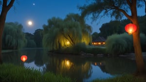 Riverside Willows: Moonlit Serenity with Chinese Lanterns