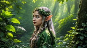 Macro photography scene. A tiny elf with delicate features stands in a vast, enchanted forest. The forest is bathed in soft morning sunlight, creating a magical atmosphere. The elf wears a flowing green gown adorned with intricate leaf patterns, and her long, silver hair cascades down her back. She gazes up at a towering, ancient tree with glowing runes etched into its bark. The forest is alive with the sounds of birds chirping and leaves rustling in the gentle breeze. Using macro photography and tilt-shift photography to capture the intricate details of the elf's attire and the mystical ambiance of the forest. Super high quality, 8k.