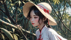 A Vietnamese girl is wearing a traditional white Vietnamese long dress cheongsam and an original bamboo hat on her head