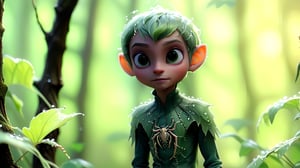 Macro photography scene, The forest is bathed in the soft hues of dawn, with dewdrops glistening on delicate spider webs. A young elf, with short green hair and sparkling green eyes, gracefully dances among the trees. His attire, woven from leaves in shades of green and brown, intricately depicts patterns of nature. The scene captures him in a mid-shot view, emphasizing his slender figure and serene expression. Soft morning light filters through the canopy, creating a tranquil atmosphere enhanced by gently swirling morning mist. Captured in intricate detail through macro photography, super high quality, 8k. Negative prompt: -camera zoom out.