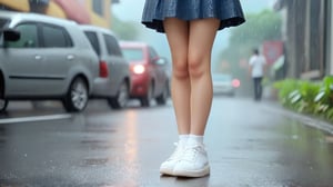 A Taiwanese girl thin body stands in the rain on a rainy street white shoes, full body