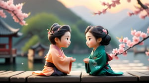 Macro tilt-shift photography, A miniature, Two old friends, one approximately 35 years old and the other 40, standing on the edge of a dock, about to part ways. They wear traditional Chinese robes and share a heartfelt embrace. Their expressions are a mix of sorrow and gratitude, with the setting sun casting a golden glow over them. The scene captures the deep emotional bond between them, highlighted by the peach blossoms falling gently around them. Super high quality, 8k. Negative prompt: blur, unclear, modern.