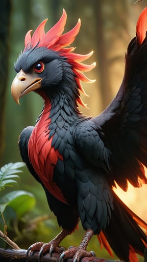 A chilling hybrid creature with the head of a human and the body of a massive, predatory bird. Its penetrating gaze holds a disturbing intelligence, and its hooked beak and razor-sharp talons promise a deadly threat. Feathers of jet-black and ominous crimson cover its powerful frame, while a pair of vast, leathery wings unfurl from its back, casting an ominous shadow over the land.