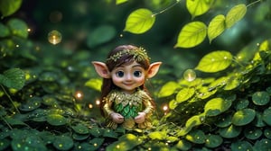 Macro photography scene. A tiny elf with delicate features, approximately 10 years old, stands in an enchanted forest during the morning. She wears a shimmering green dress adorned with intricate gold embroidery and tiny leaf-shaped accessories. Her long, flowing hair is a deep auburn, cascading down her back. The forest is alive with magical elements: glowing mushrooms, sparkling dewdrops on spider webs, and tiny fireflies. The elf's expression is serene, with a slight smile as she gazes around protectively. The camera captures her from a long shot, using macro and tilt-shift photography to highlight the delicate details of the scene. Super high quality, 8k.,hands,better_hands,dragon,Masterpiece