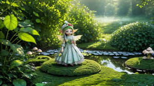 Macro photography scene. The tiny elf, now seen from a distance, standing on a large mushroom, overlooking a serene, misty pond. The forest is bathed in soft, morning light, with dew glistening on the leaves and flowers. The elf's silver hair and green dress contrast beautifully with the red and white-spotted mushroom she stands on. In the pond, reflections of the trees and the elf create a magical atmosphere. captured in intricate detail through macro photography. super high quality, 8k.