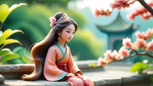 /create prompt: Macro tilt-shift photography, A miniature, An ancient Chinese woman in a flowing peach-red dress with long, flowing hair sits on a stone bench in a palace garden, gently playing the guzheng. Her expression is focused and gentle. The garden is filled with blooming flowers and lush green trees, with a grand palace in the background. Morning sunlight filters through the leaves, softly illuminating her. captured in intricate detail through macro photography. super high quality, 8k, negative prompt: blur, unclear, modern elements. -camera rotate clockwise -fps 24 -gs 16 -motion 2 -style: HD movie -ar 16:9 seed:1234567899
