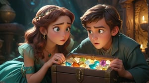 Adrian and Lillian open an ancient treasure chest filled with sparkling gemstones and mysterious artifacts, captured in a medium shot. They exchange looks of astonishment with each other. 