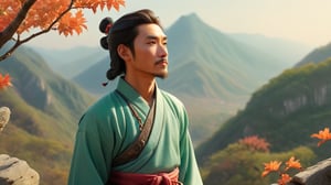 At the edge of a high cliff, a traveler gazes out towards the horizon where mountains meet the sky. The traveler is dressed in Han dynasty clothing, and a gentle breeze carries fallen leaves past him. He holds a jade pendant and wears a traditional silk belt. The vastness of the landscape evokes feelings of longing and distance. HD