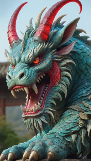 A massive, towering blue-green scaled monster in ancient Chinese style, with two large curved horns on its head. Its eyes glow a deep, menacing red as it opens its gaping, tooth-filled maw. Focus on the intricate scale textures, the imposing horns, and the unsettling glare of its crimson eyes.