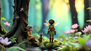The macro lens captures a miniature human scene. The elves, dressed in earthy tones, stand tall amidst ancient trees, their silhouettes blending with the dense forest under the soft glow of dawn. Bees hover around blooming flowers, creating a serene atmosphere. The camera pans down to capture a babbling brook, reflecting the morning sky, captured in intricate detail through macro photography. super high quality, 8k.