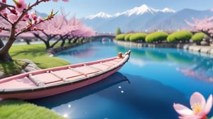 Macro tilt-shift photography, A miniature, A serene scene of the Peach Blossom Pool, surrounded by blooming peach trees. The water is crystal clear, reflecting the pink blossoms and the blue sky above. In the distance, traditional Chinese boats gently glide across the water, and the mountains stand tall, framing the tranquil scene. Super high quality, 8k. Negative prompt: blur, unclear, modern.