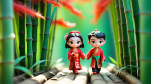 Macro tilt-shift photography, A miniature, The young couple walking hand in hand through the bamboo grove. Their traditional Chinese garments sway gently as they walk, and the red thread still connects their wrists. The lush green bamboo and scattered sunlight create a dappled light effect on the ground. Their expressions are relaxed and happy, enjoying the tranquil moment together. Captured in intricate detail through macro photography.