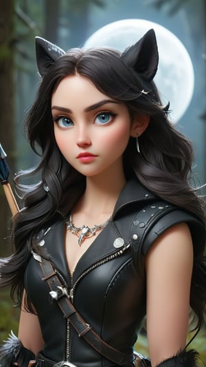 She has pale skin, wears a black leather vest, and has a silver crescent moon necklace. She carries a crescent-shaped bow and arrow.
Style: Calm and mysterious, with deep-set eyes and a black, silver-threaded wolf fur crown.
Background: Lunar Lupine is the guardian of the night forest, drawing power from moonlight to protect the vulnerable from nighttime dangers.
Keywords:
Moonlit: Illuminated by the moon, serene, ethereal.
Silent: Quiet, still, peaceful.
Wise: Knowledgeable, insightful, experienced.

whole body
,Personification