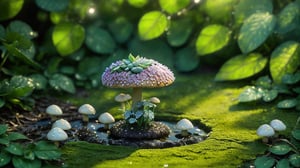 Macro photography scene. The tiny elf, now seen from a distance, standing on a large mushroom, overlooking a serene, misty pond. The forest is bathed in soft, morning light, with dew glistening on the leaves and flowers. The elf's silver hair and green dress contrast beautifully with the red and white-spotted mushroom she stands on. In the pond, reflections of the trees and the elf create a magical atmosphere. captured in intricate detail through macro photography. super high quality, 8k.