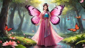 An ancient Chinese girl has a pair of colorful butterfly wings floating in the air and wears a pink Han Dynasty dress. flowers, wings, trees, no humans, bugs, many small butterflies, nature, forest, fly, butterfly wings